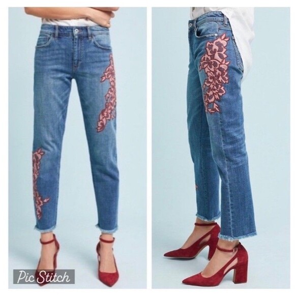 Anthropologie Pilcro Slim Boyfriend Jeans Floral Embroidered Mid Rise Size 27 - Picture 1 of 13